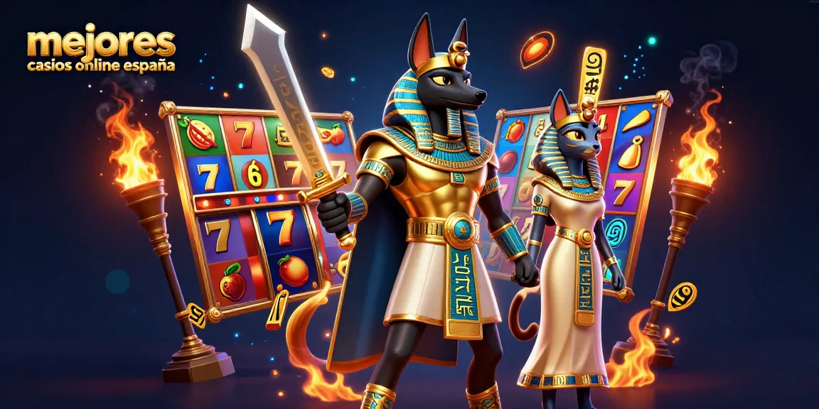 Visualiza los mejores casinos online en España con elementos de juego y personajes en un entorno vibrante