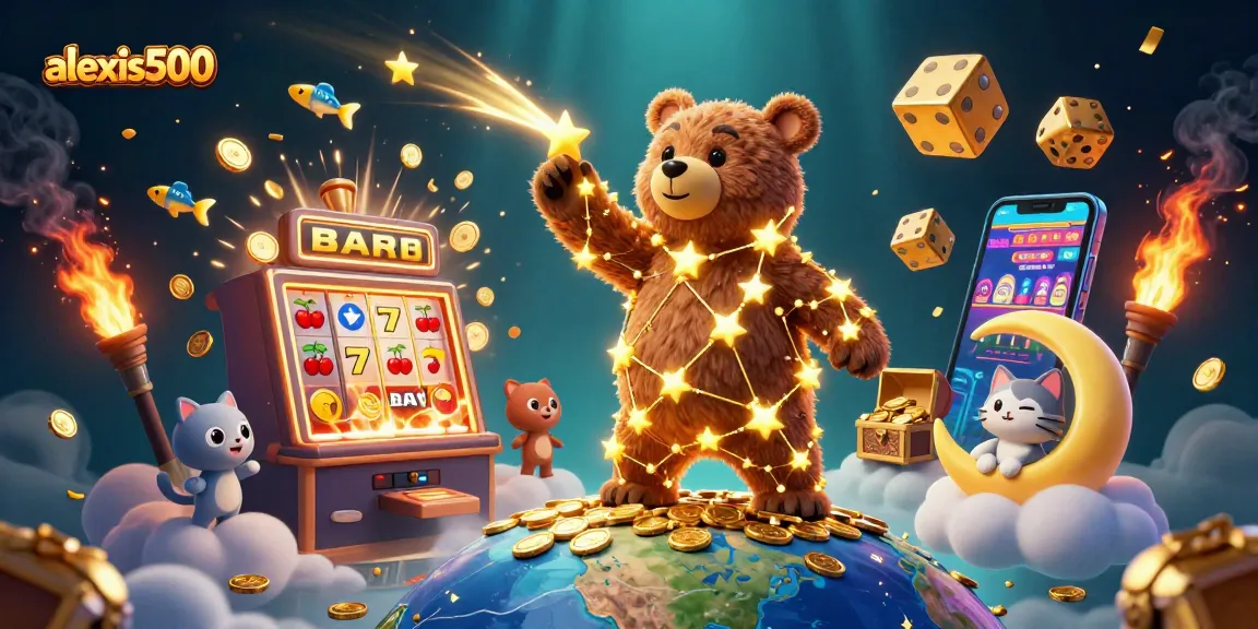 Play slots with alexis500 as a golden constellation bear scoops up coins amidst colorful casino symbols.