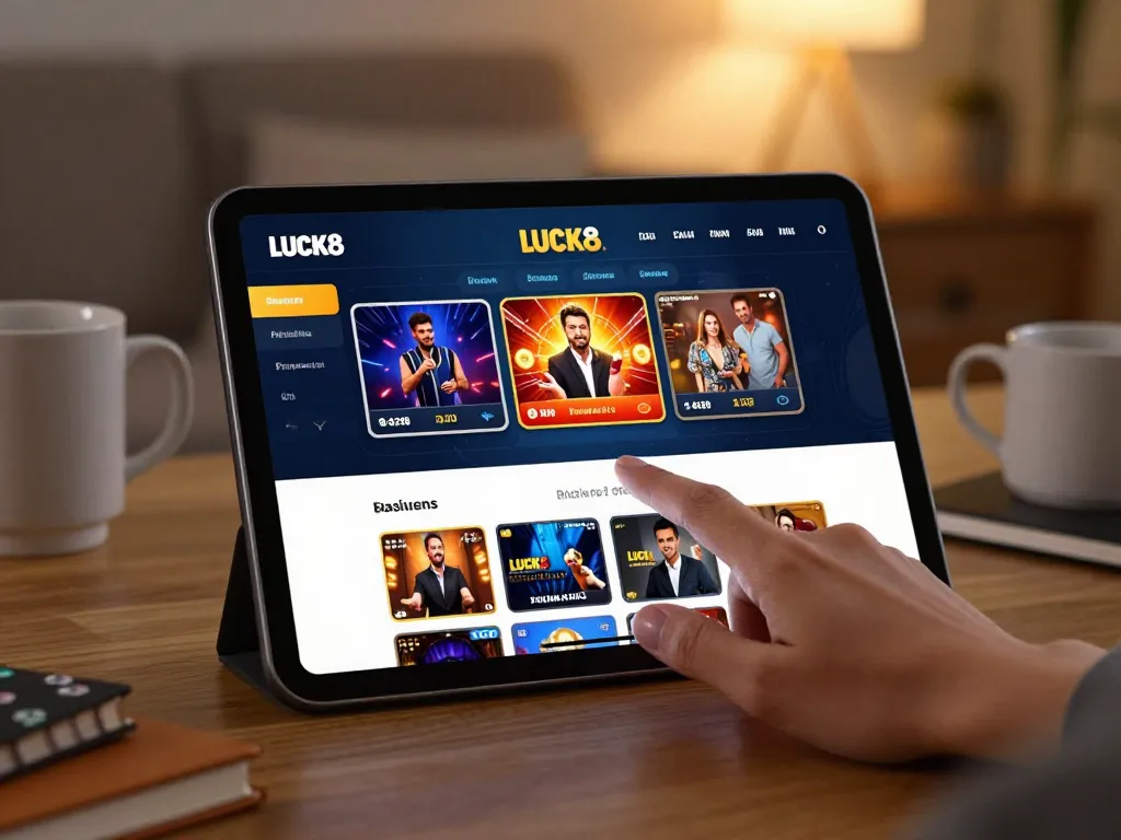 Player engaging with the tablet for LUCK8 online casino gaming from home in a cozy setting.