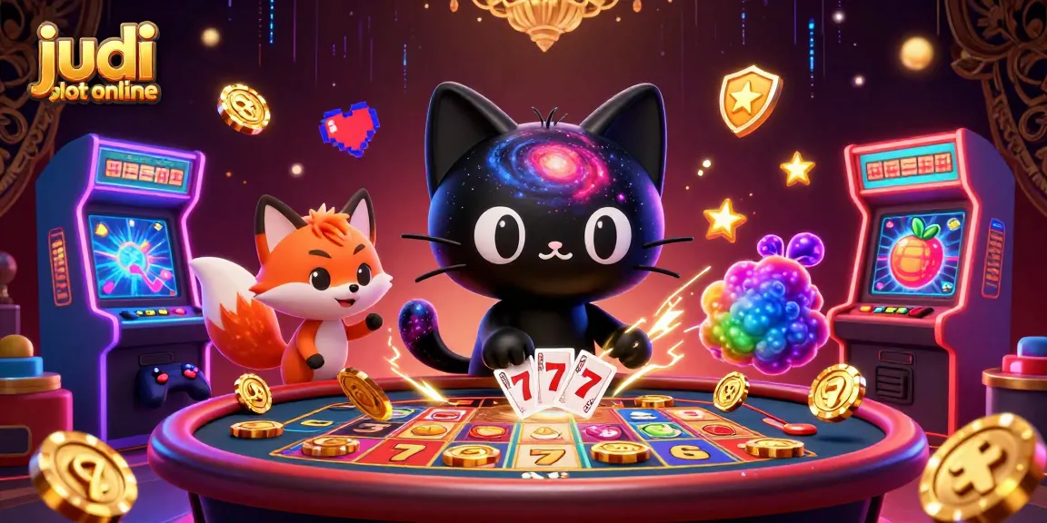 Permainan judi slot online menarik dengan kucing hitam berwarna galaksi dan rubah nebula, bersinar dalam atmosfer kasino