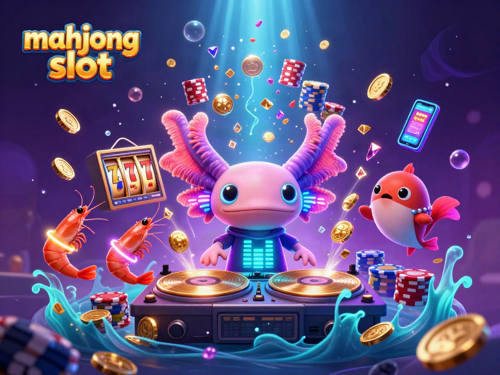 Visualize mahjong slot excitement with neon DJ, shrimp dancers, and golden coins flying!