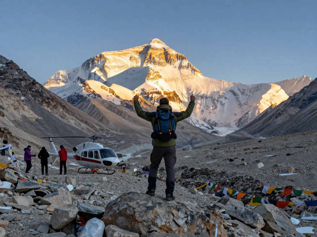 Everest Base Camp Trek with Helicopter Return showcasing a triumphant traveler against breathtaking Himalayan backdrop.