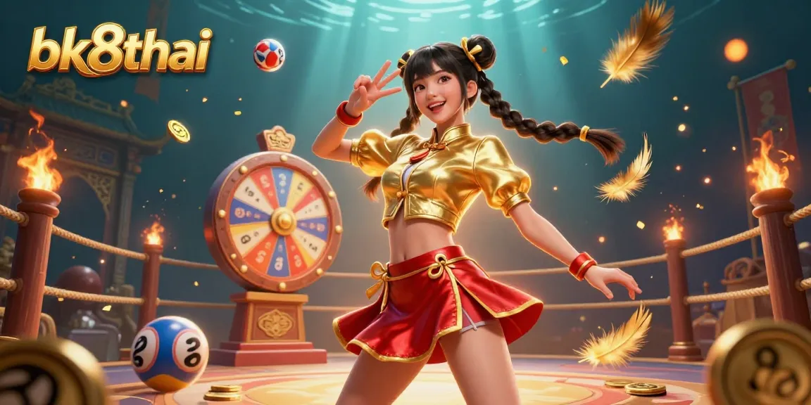 Engage with bk8thai in a vibrant 3D casino scene featuring a joyful Asian woman surrounded by lottery elements.