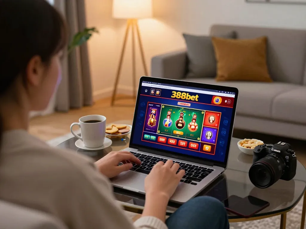 Player engaging with 388bet online casino on laptop in a cozy at-home setup.