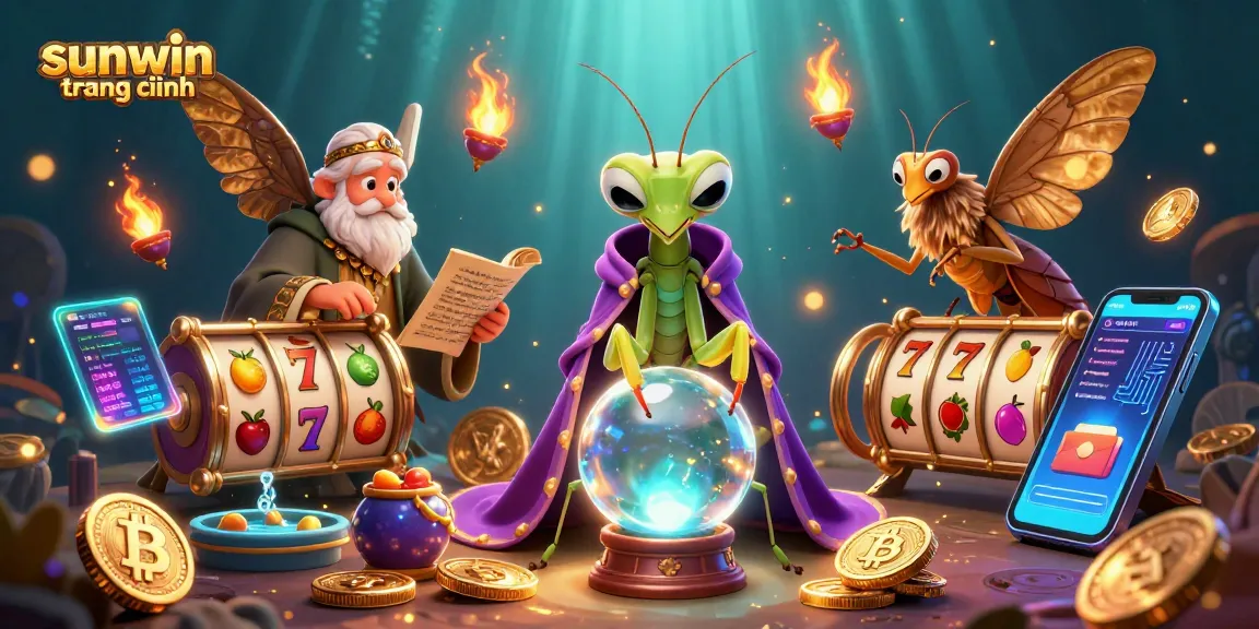 Experience the excitement of sunwin trang chính with vibrant slot games and crypto elements in a dynamic scene.