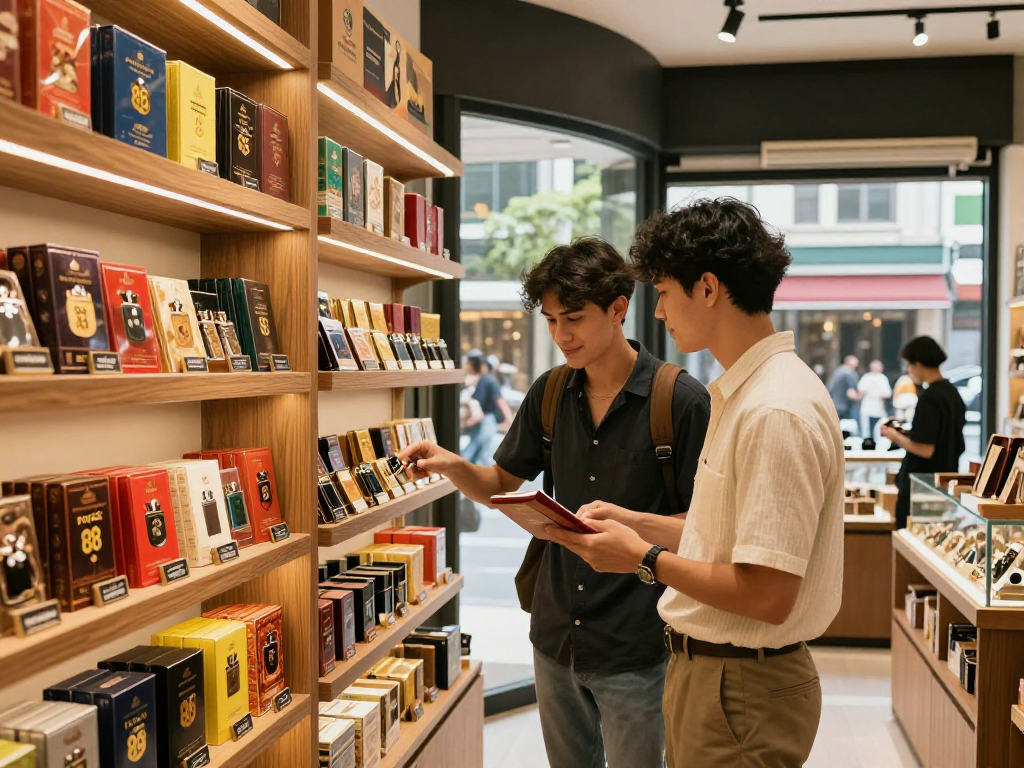 Couple examining premium rokok 88 tobacco products in a stylish shop