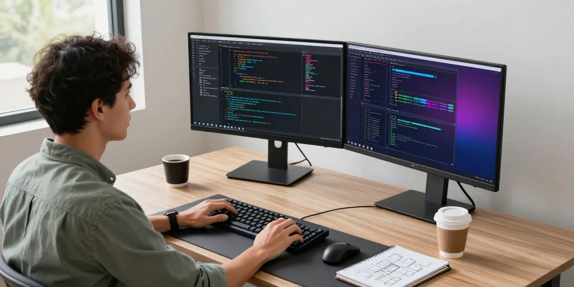 Efficient software development workspace showcasing 截图软件下载 on dual monitors, coffee, and technical documentation.