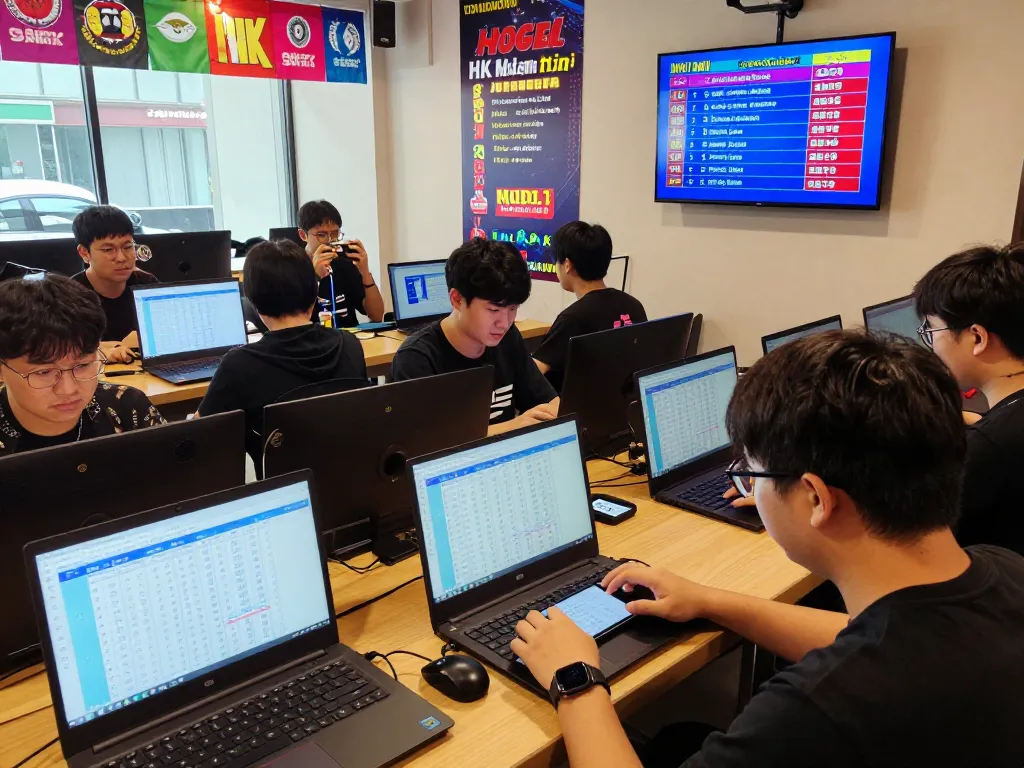 Players analyzing HK Malam Ini Togel data in a lively gaming café, showcasing vibrant screens and camaraderie.