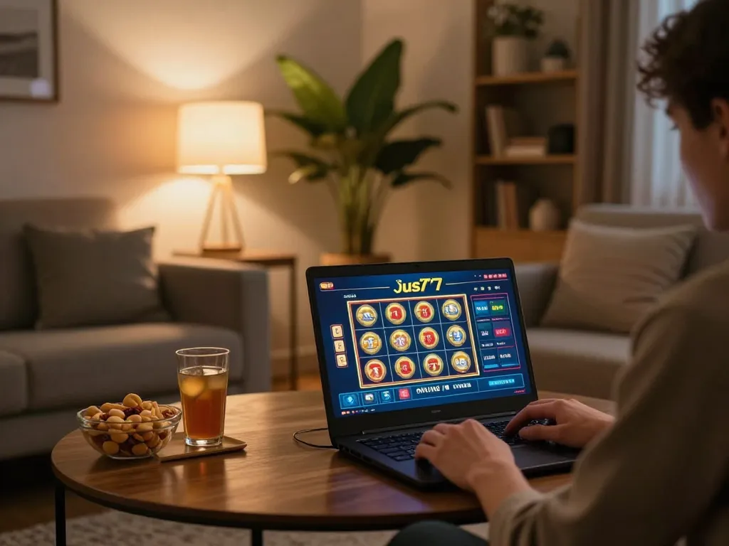 Player engaging with the jus77 online casino interface on a laptop in a cozy home setting.