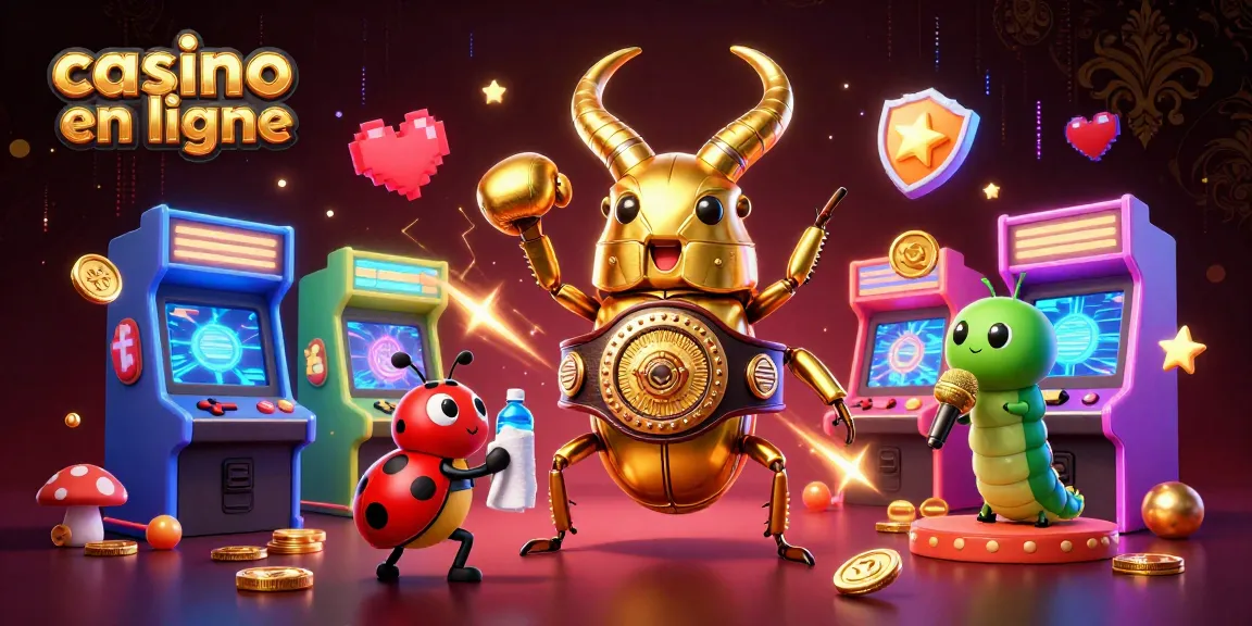 Casino en ligne : illustration animée d'un scarabée doré et des jeux qui illuminent la scène.
