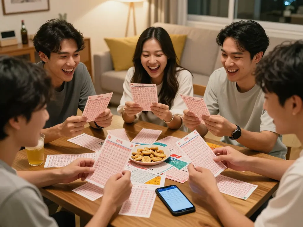 Friends eagerly checking HK Malam Ini lottery results, celebrating excitement.