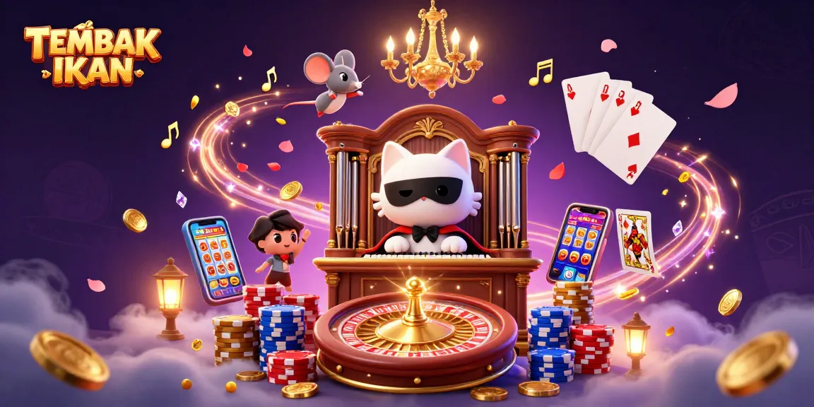 TEMBAK IKAN action with a 3D cartoon phantom cat and mouse acrobat amidst golden coins and casino elements.
