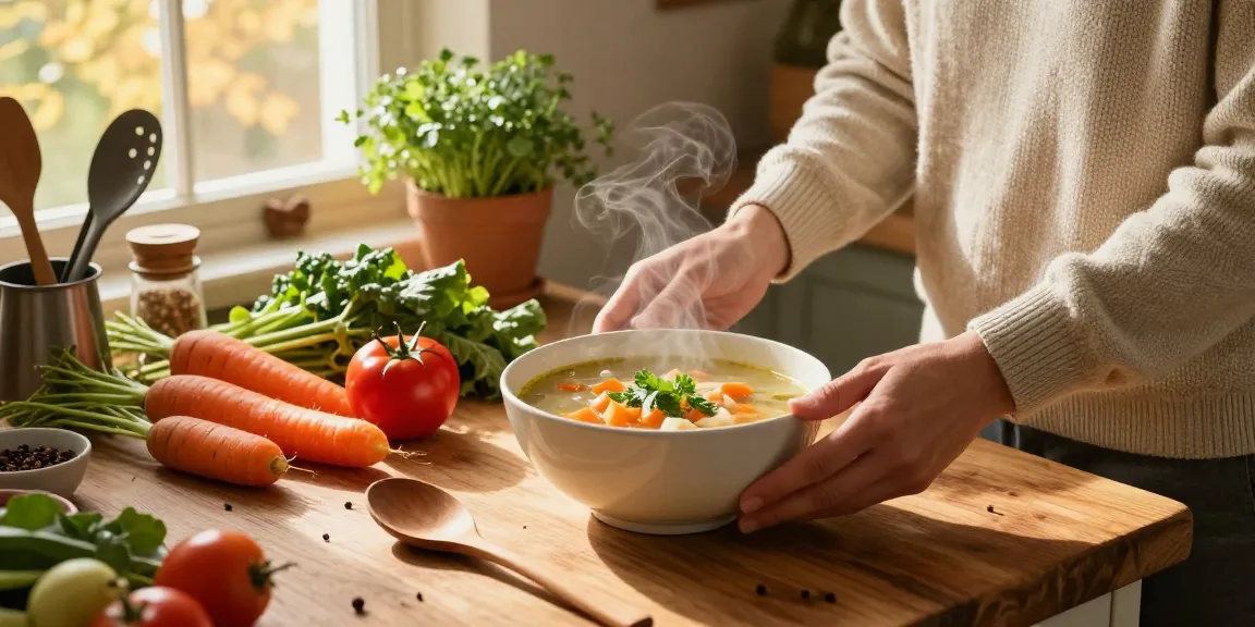 Leckere Gemüsesuppe, die in einer gemütlichen Küche zubereitet wird, einladende häusliche Atmosphäre für Suppe kaufen.