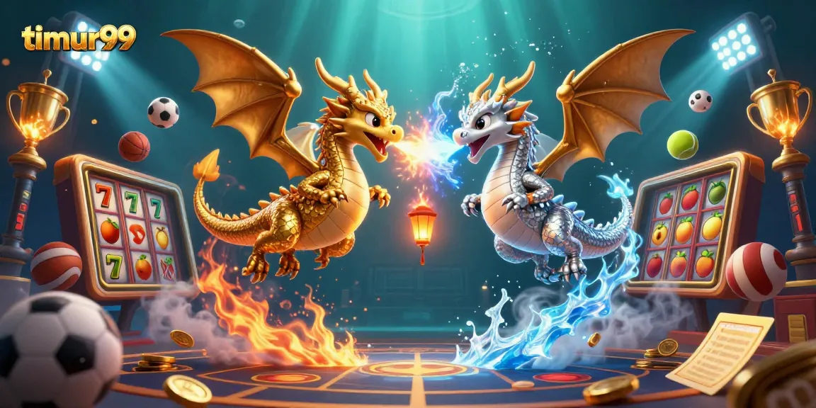 Play exciting games with timur99 as fire and ice dragons symbolize thrilling casino action.