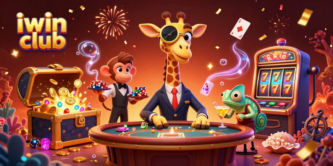 Experience thrill and excitement at iwin club with a lavish 3D casino scene featuring a high-roller giraffe and colorful game elements.