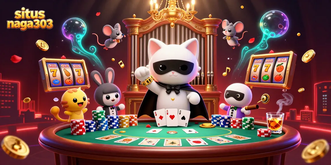 Experience the excitement of situs naga303 through a dynamic 3D casino illustration showcasing poker elements.