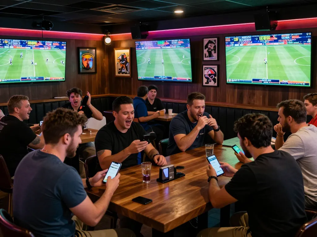Patrons engaged in sports betting while watching live matches at a bar, showcasing keobongda excitement for serious gamblers