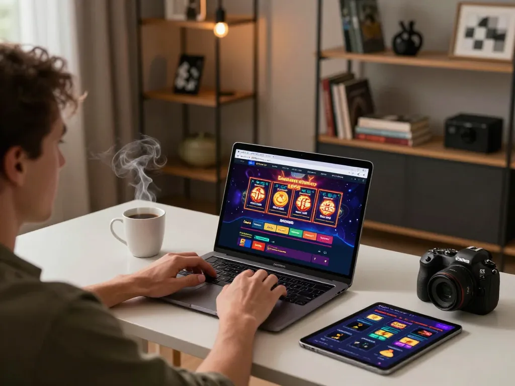 Engaging in Superjp online casino gaming with a modern setup, showcasing a vibrant interface and strategic betting elements