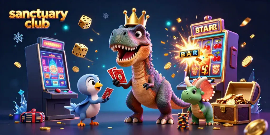 Engage with the sanctuary club gaming experience, featuring a T-Rex card dealer and vibrant casino symbols.