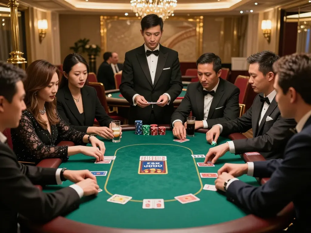 Players engaged in a high-stakes poker game at a luxurious casino, showcasing the thrilling experience of 789betgo.