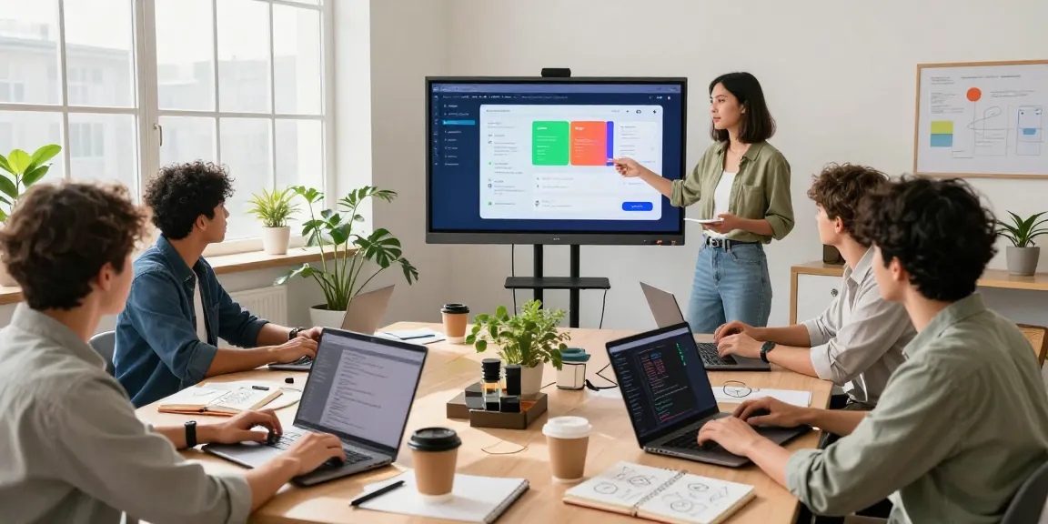 Developers collaborating to publish Android app on Google Play with vibrant interface design in a modern workspace.