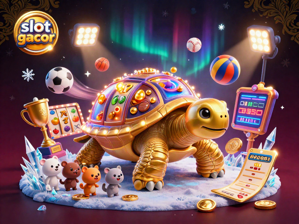 Join the fun with slot gacor at this vibrant 3D casino scene featuring a golden tortoise and exciting game elements.