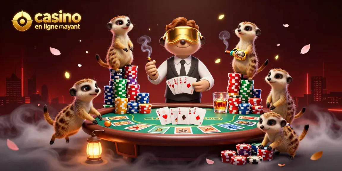 Illustration dynamique d'un casino en ligne le plus payant avec des suricates gérant des jeux de cartes.