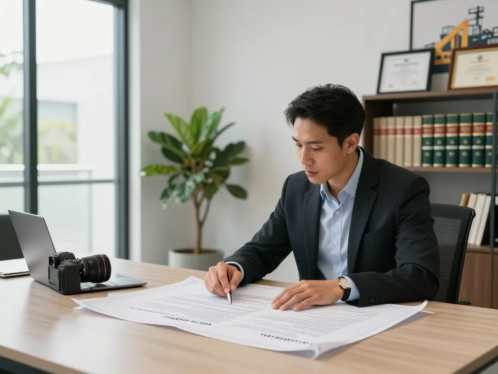 Boca Raton Construction Litigation Lawyer assisting contractor with legal documents in a modern office.