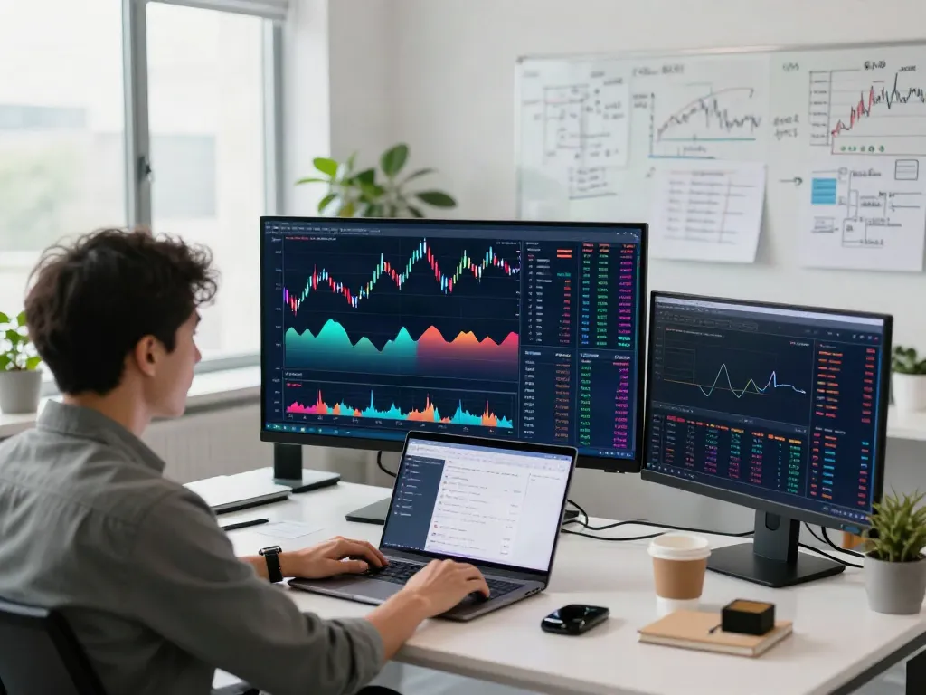 Professional workspace with trader analyzing tradingview官网 charts on dual monitors.