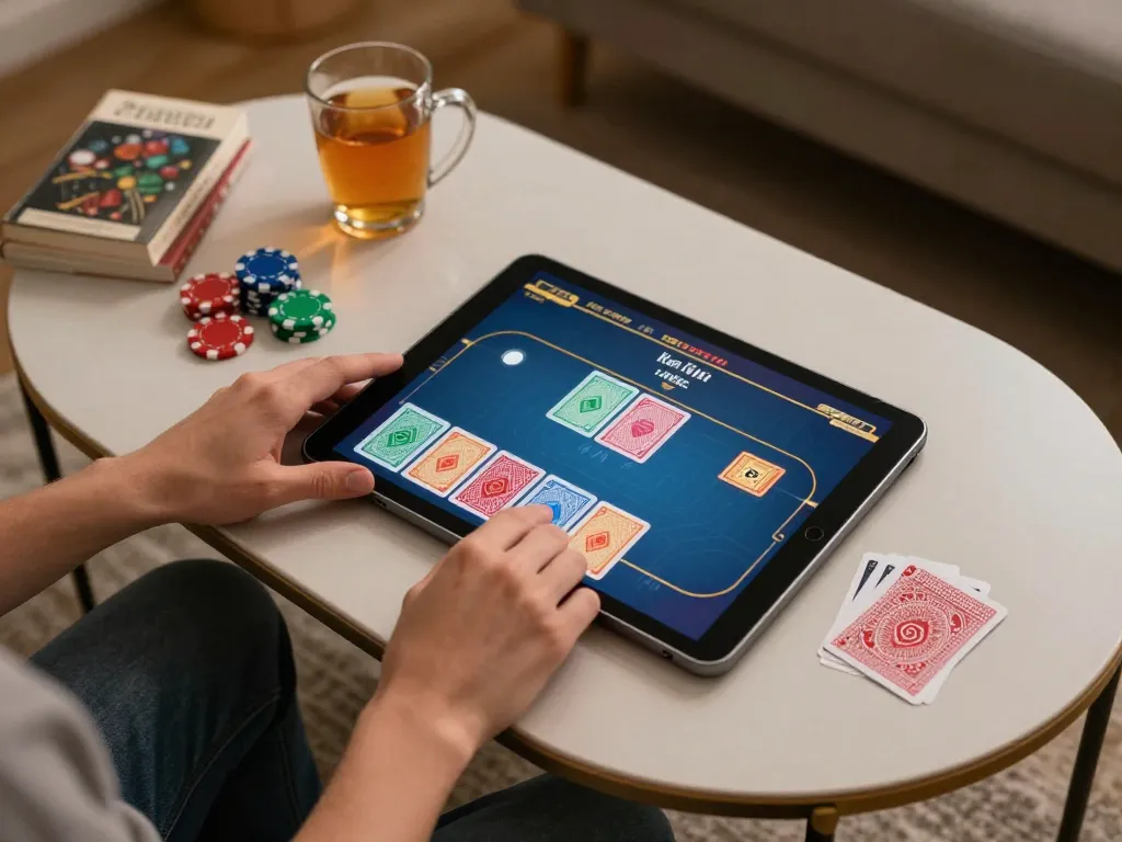 Engaged in a situs slot gacor game on a tablet, surrounded by a cozy home setup, showcasing strategic gameplay.