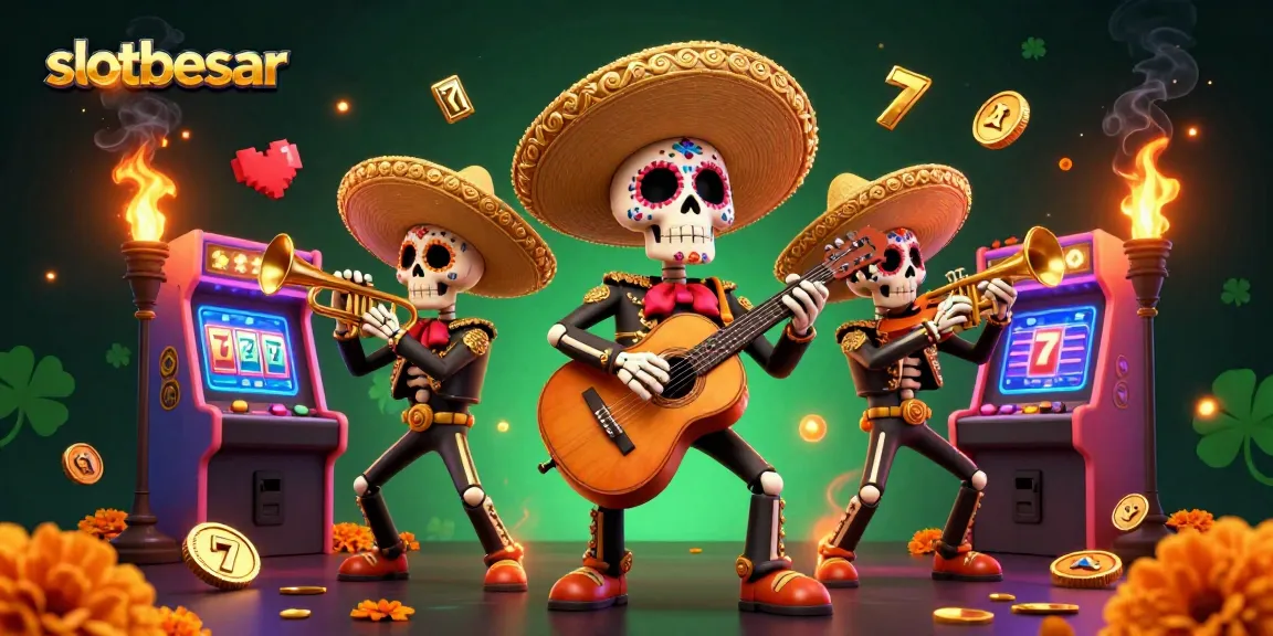 Experience exciting wins with slotbesar in a vibrant casino scene featuring mariachis and glowing game elements.