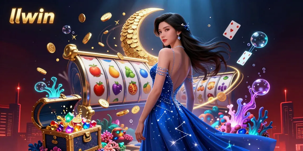 Engage with luxury gaming at llwin, featuring a stunning scene of an Asian woman surrounded by dynamic slot elements and colorful treasures.