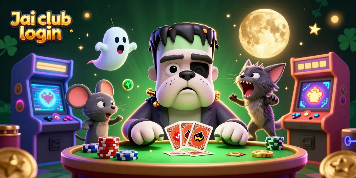 Play exciting games with Jai club login, featuring a spooky casino scene with unique characters and vibrant gaming elements.