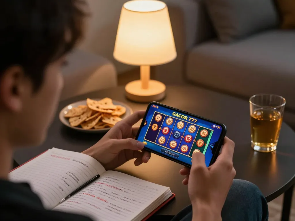 Engaging with slot gacor 777 game on a smartphone, showcasing a cozy home setting during online gambling.