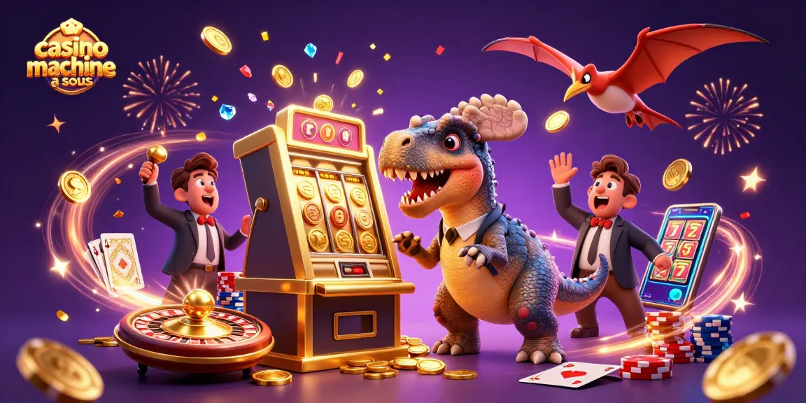 Accédez aux machines à sous, telles que représentées ici par un pachycephalosaurus et un manager de casino, dans un élan festif.