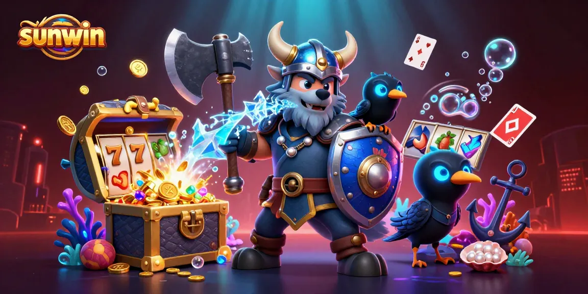 Engage with sunwin's thrilling casino atmosphere featuring a Viking wolf warrior, a dragon, and vibrant slot elements.