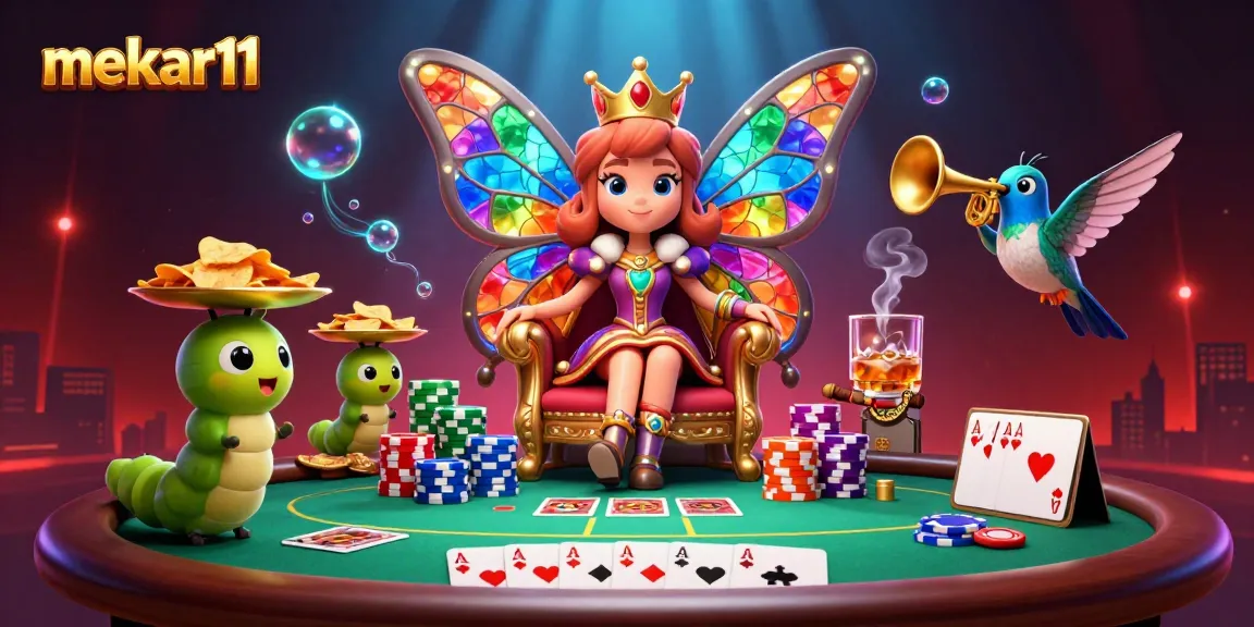 Engage with mekar11's vibrant casino scene featuring a butterfly queen and poker elements.