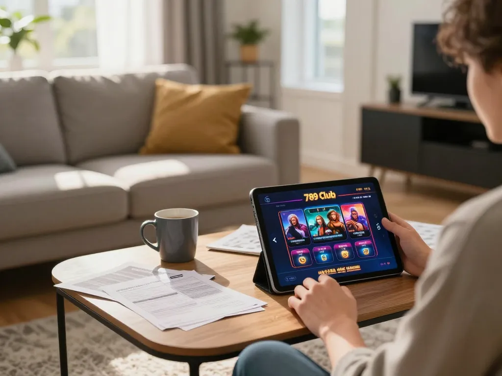 Player enjoying online casino games at 789 club on a tablet during a relaxed home gaming session
