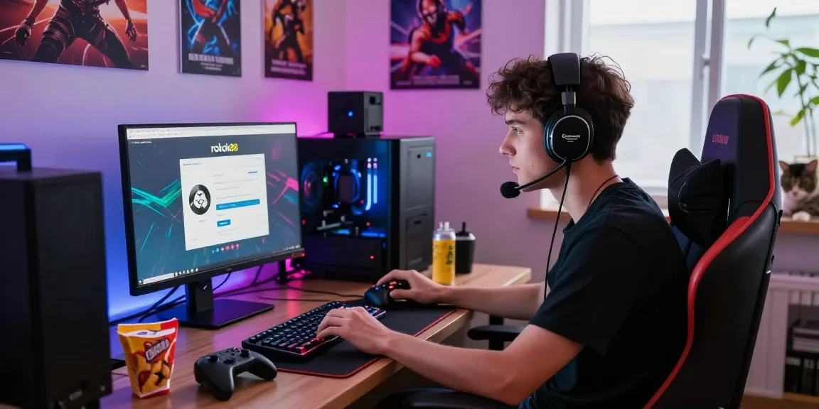 Gamer engaging with the rokok88 login interface in a vibrant home office.