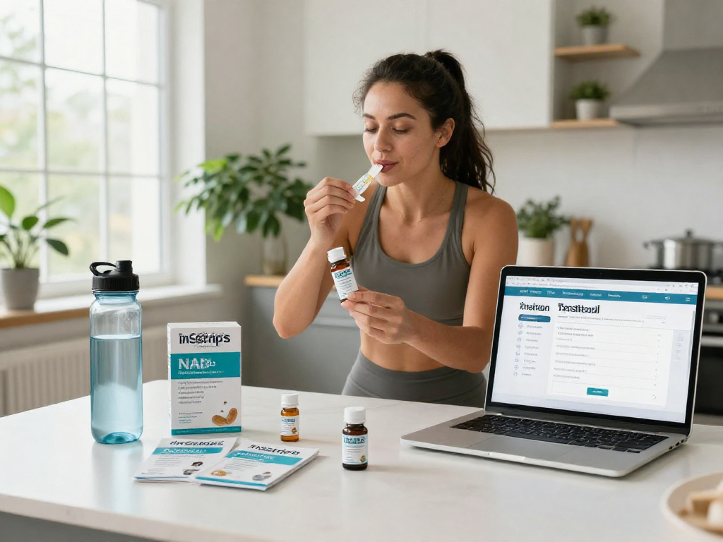 NAD+ benefits highlighted through buccal strip usage in a modern wellness kitchen setting.