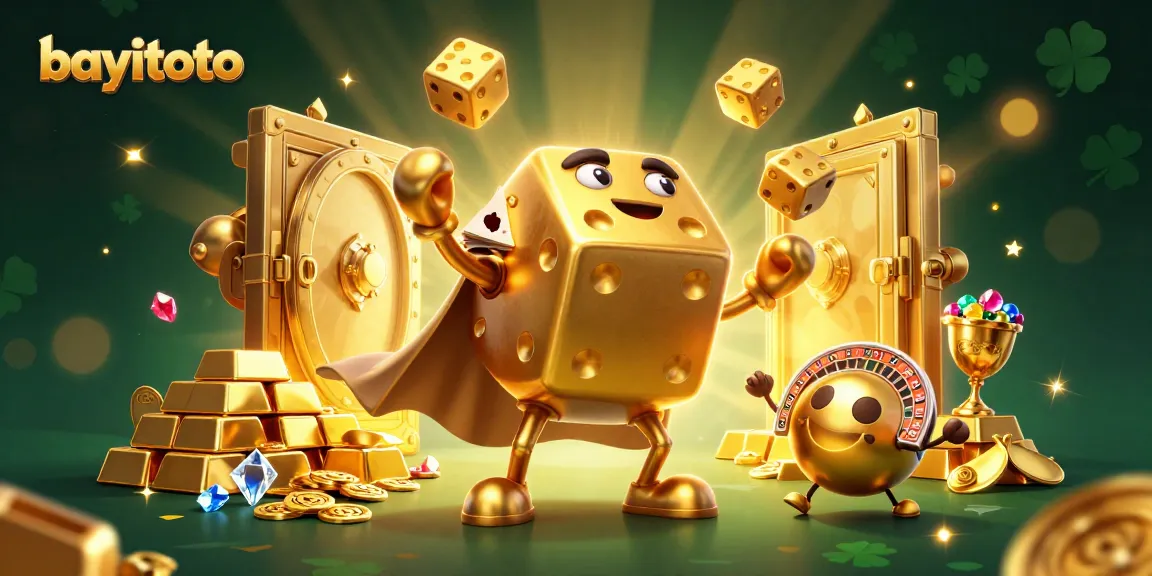 Experience high-stakes wins at bayitoto with a dynamic illustration of golden dice and gaming treasures.