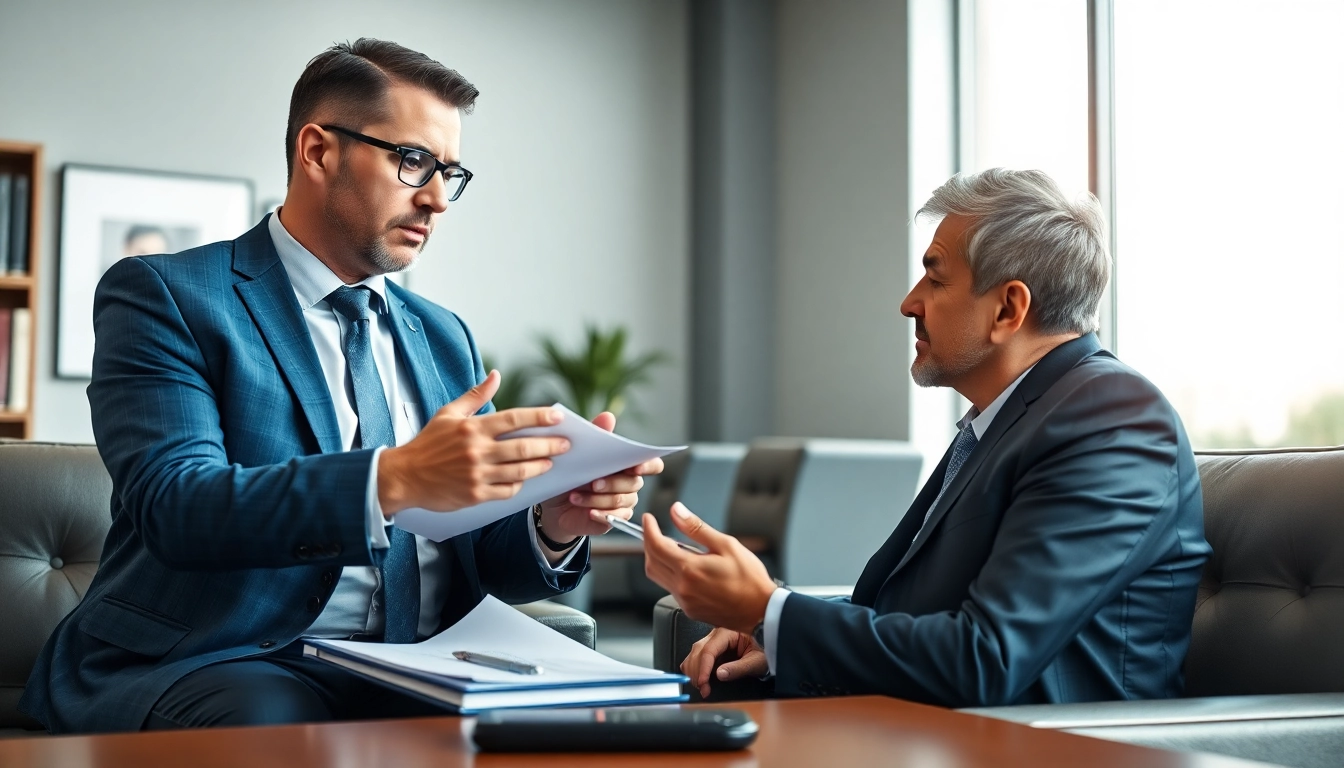 Clearwater truck accident lawyer offering legal guidance to a distressed client in a law office setting.