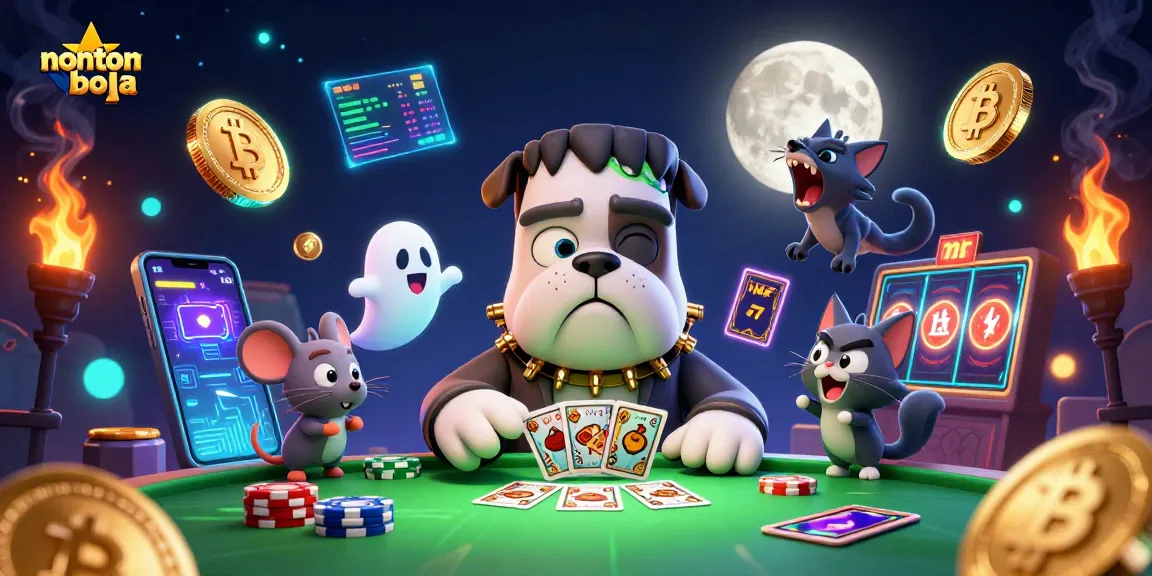 Nonton bola in a carnival of colors, featuring a Frankenstein bulldog monster, ghost mouse, and werewolf kitten amidst vibrant gambling elements.