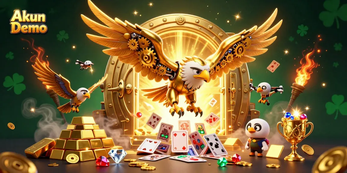 Akun Demo showcases a dynamic 3D scene with a cybernetic eagle amidst vibrant casino elements, symbolizing exciting gaming opportunities.