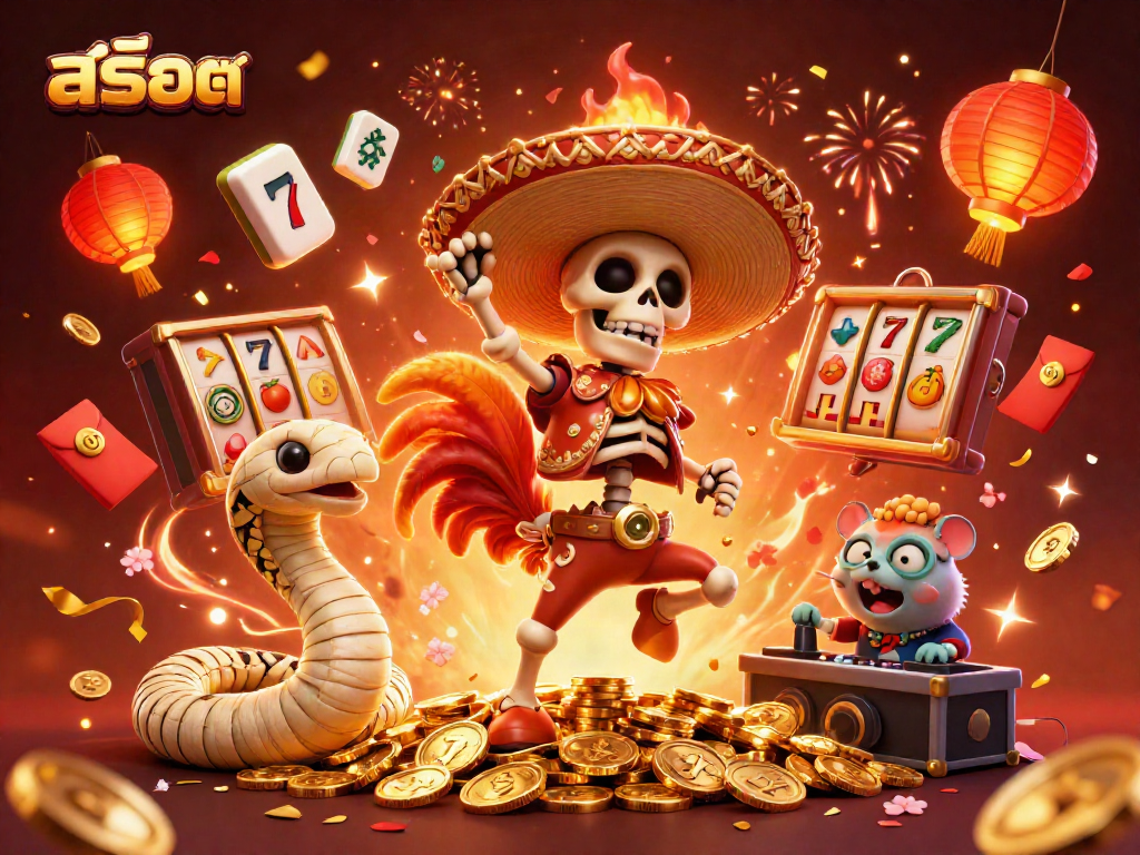 Engage with สล็อต featuring a festive skeleton rooster dancing on gold coins surrounded by slot elements.