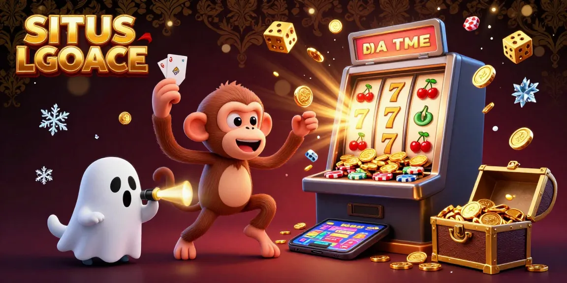 SITUS LGOACE showcases an engaging casino scene with a poltergeist monkey juggling golden treasures amidst vibrant game elements.