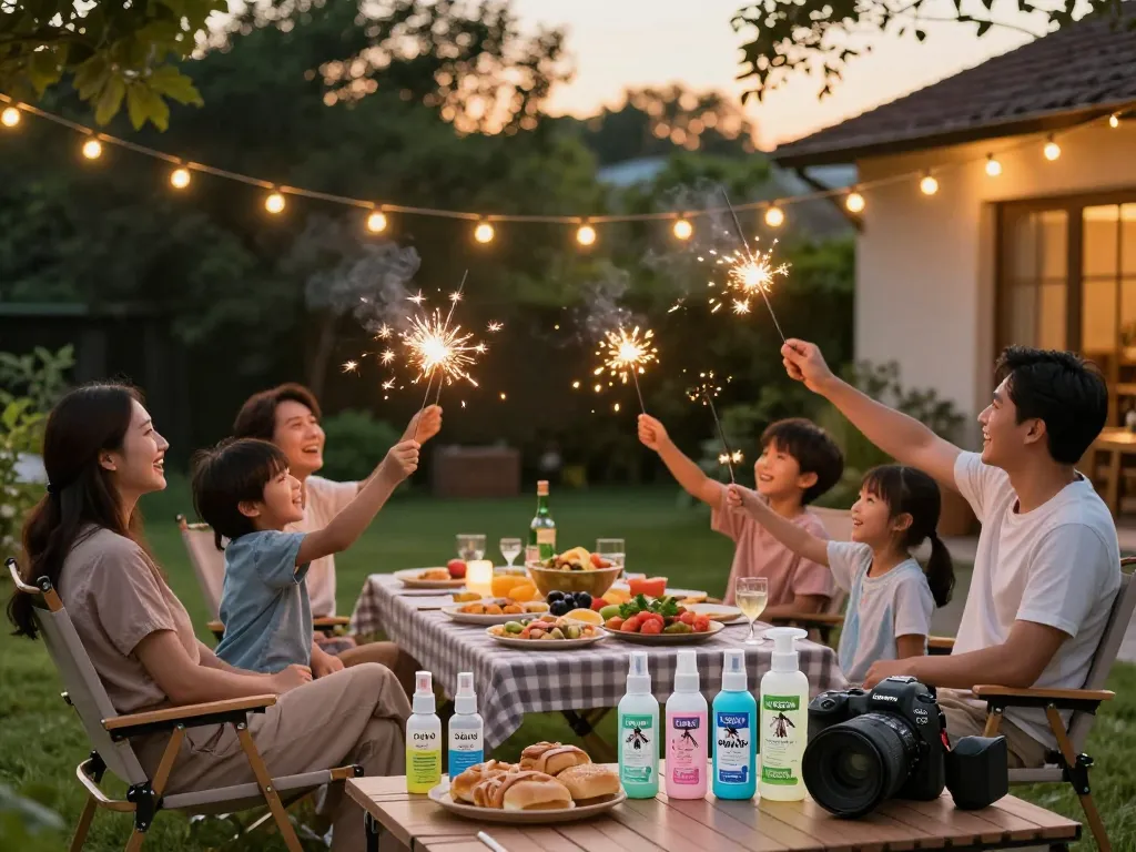 Family enjoying outdoor picnic with Best Mosquito Repellent products visible in a sunny backyard.