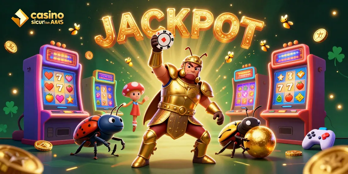 Scopri i casino sicuri non AAMS con una scena vivace di un eroe scarabeo, slot luminose e un'atmosfera celebrativa.