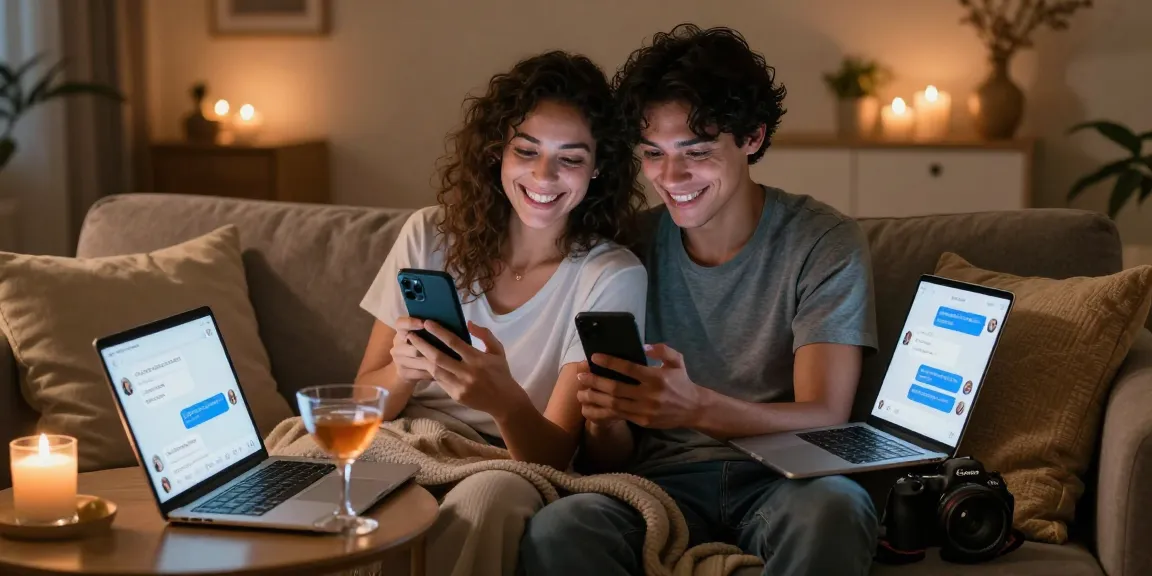 Couple using sexting AI on smartphones in a cozy living room.