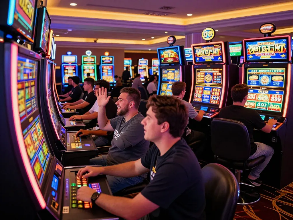 Players enjoy exciting slot machines at O8's vibrant casino, celebrating wins and engaging in thrilling gameplay.